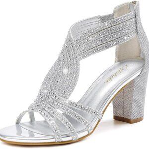 Women's Rhinestone Block Heel Sandals Open Toe Zipper Dressy Shoes